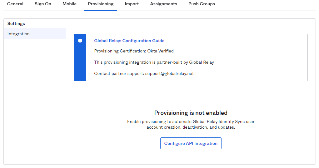 Configuring Global Relay Identity Sync for Okta (SCIM Provisioning)